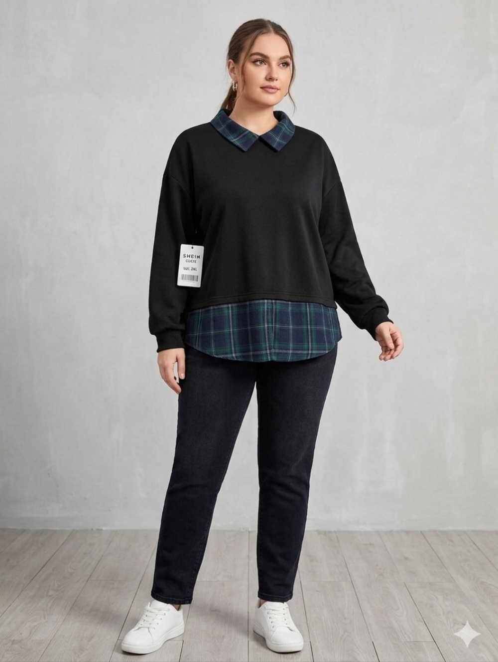 SHEIN Black Pullover with Navy and Green Plaid Trim